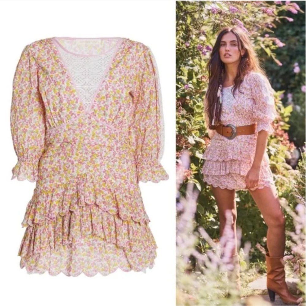 LoveShackFancy Pink Floral Ruffle Mini Dress with Yellow Accents